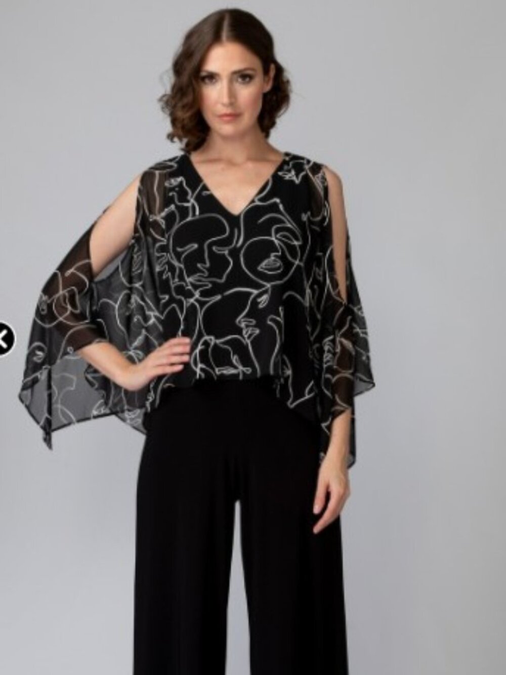Joseph Ribkoff Black/Vanilla Picasso Print Sheer Overlay Jumpsuit
